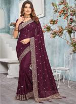 Vichitra Blooming Wine Wedding Wear Embroidery Work Saree